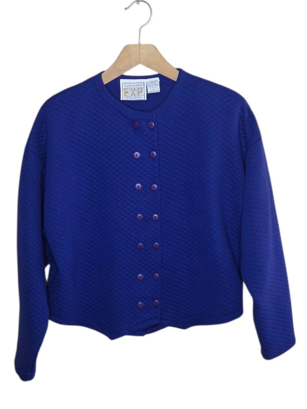 Vintage 90s Express Cobalt Blue Quilted Sweatshirt Jacket Shoulder Pads Size 2